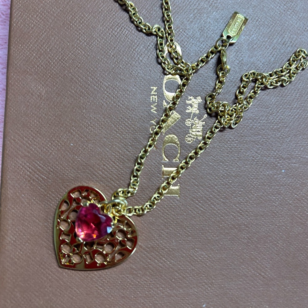 Coach Gold-Tone Heart Necklace with Pink Gem